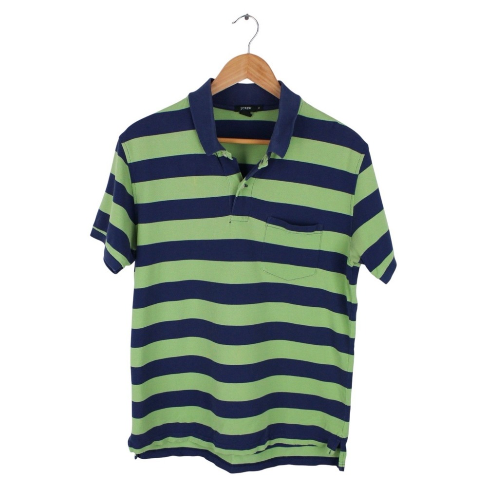 J.Crew Striped Rugby Polo Shirt Green Blue Pocket Short Sleeve Men's Small
